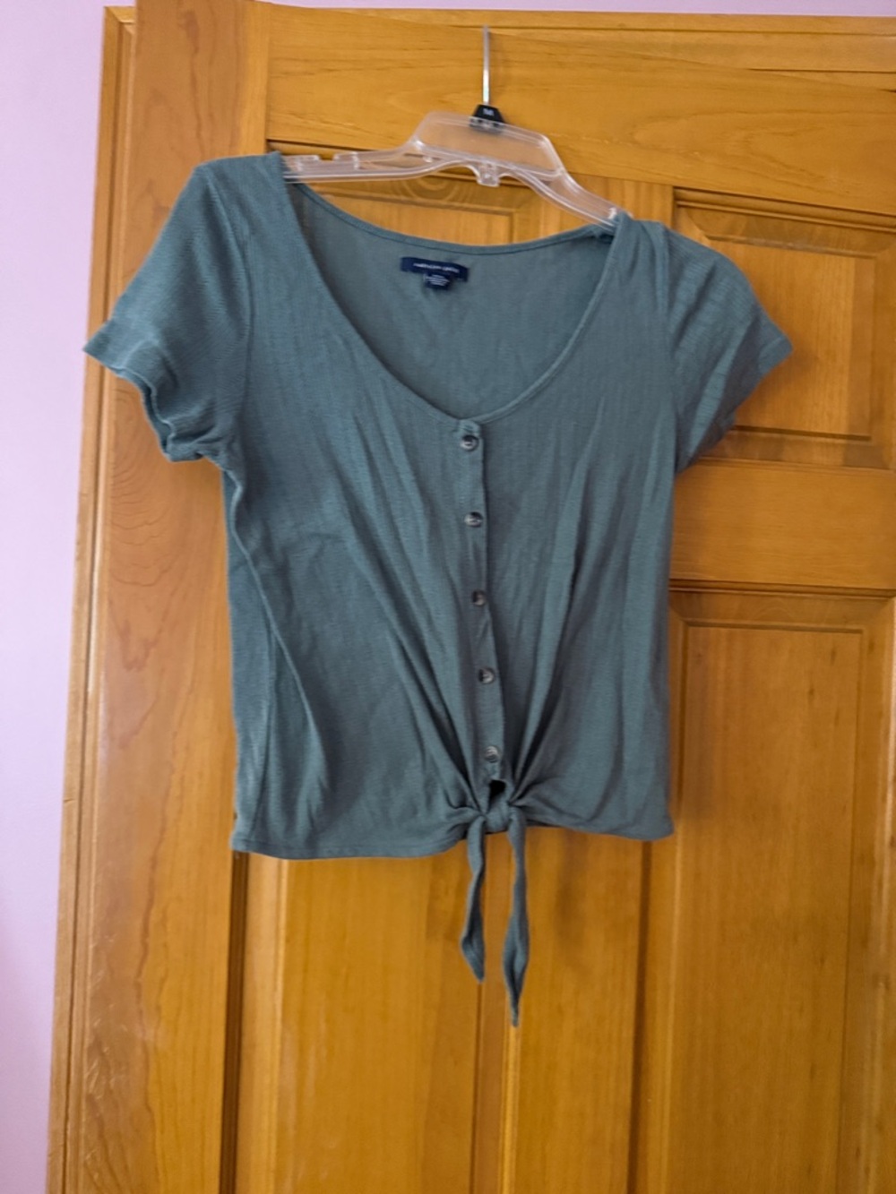 American Eagle Outfitters Sage Green Tie-Front Button Crop Top